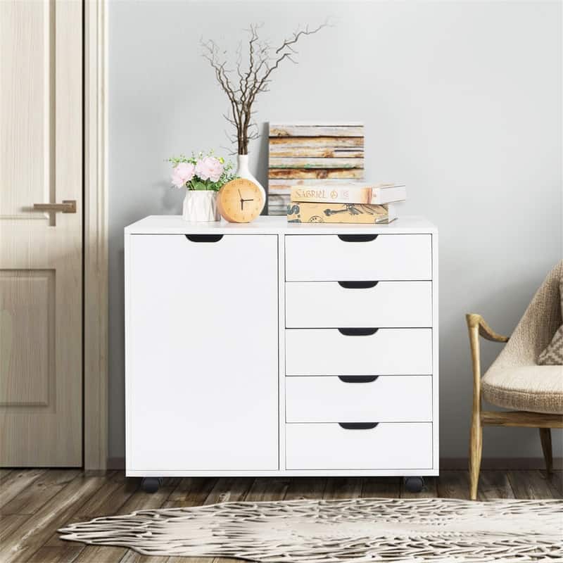 Single Door Five Drawers MDF With PVC Wooden Filing Cabinet White