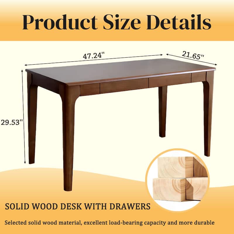 Solid Wood Desk with Drawers, Standing Desk with Smooth Edges, Home Office Desk for Small Spaces (47.24"*21.65"*29.53")