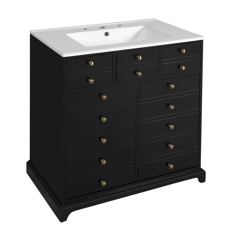 Freestanding Bathroom Vanity Set with Ceramic Sink – Solid Wood Storage Cabinet Featuring 2 Soft-Close Drawers in Black