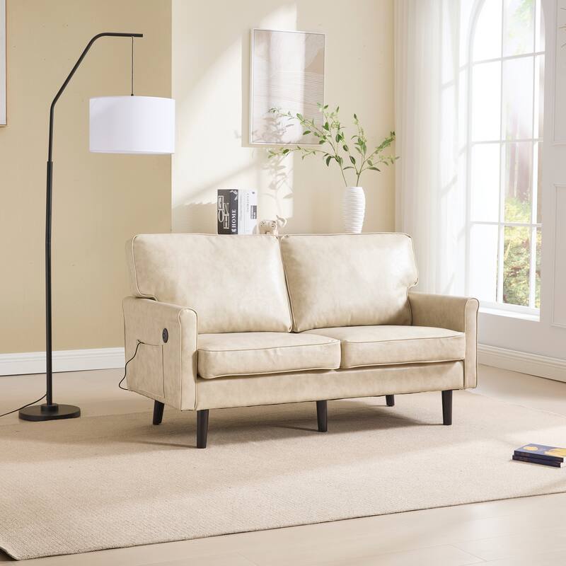 Loveseat Sofa,Mid Century Modern Love Seat, 2 Seater Sofa Couches For Living Room,Small Couch With Usb & Removable Pillow Cover - Camel