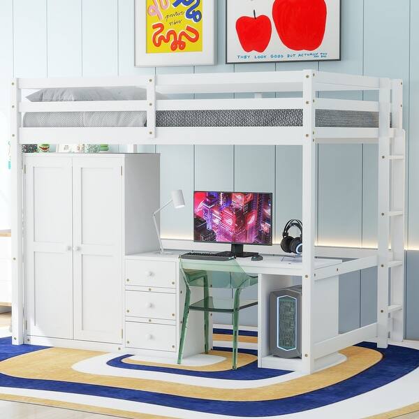 slide 2 of 35, Full Size Twin Size Pine Wood Loft Bed with Wardrobe, Desk and Storage Drawers for Bedroom Full - White