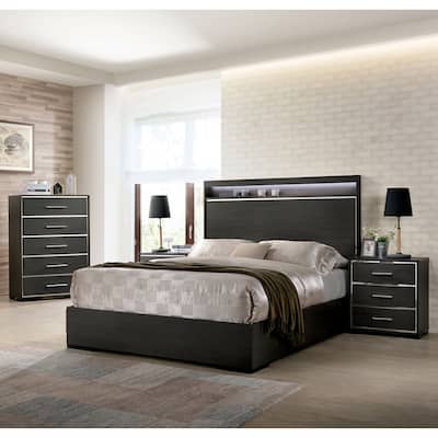 Furniture of America Kastela Contemporary Grey 3-Piece Panel Bed, Nightstand and Chest Set with LED and USB Ports