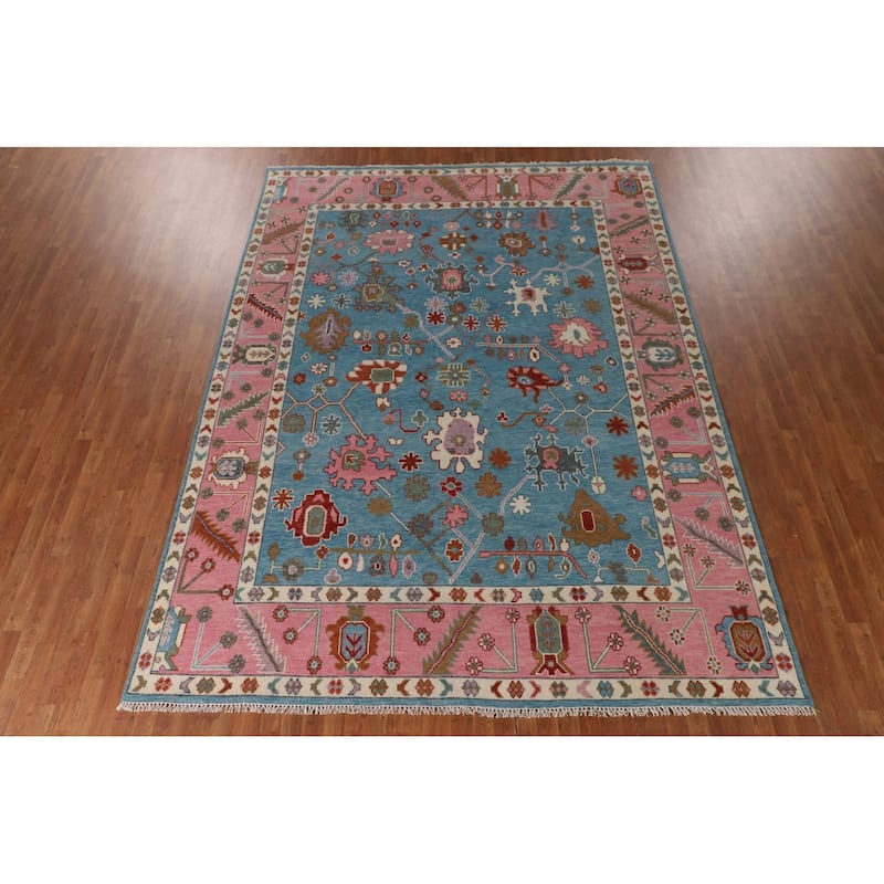 Light Blue & Pink Oushak Oriental Area Rug Handmade Wool Carpet - 8'11"x 11'10"