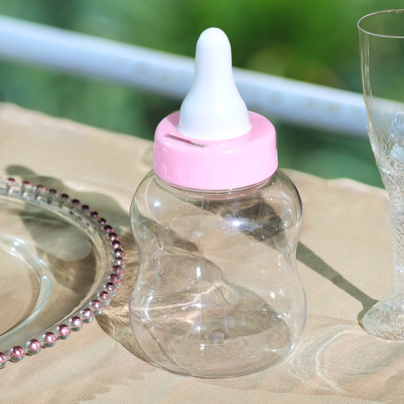 Set of 6 Pink Plastic Baby Milk Bottle Piggy Bank Baby Shower Party Favor Candy Holder Gift Box 8.75in