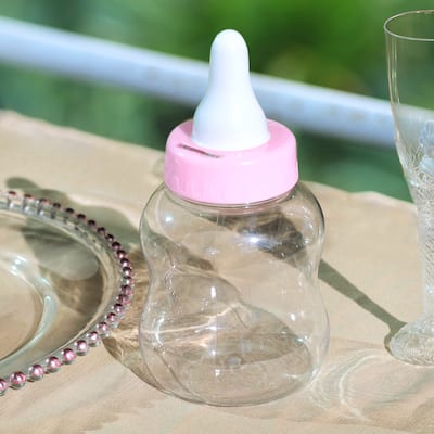 Set of 6 Pink Plastic Baby Milk Bottle Piggy Bank Baby Shower Party Favor Candy Holder Gift Box 8.75in