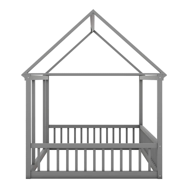 Pine Wood Floor Wooden Bed with House Roof Frame and Safety Guardrails
