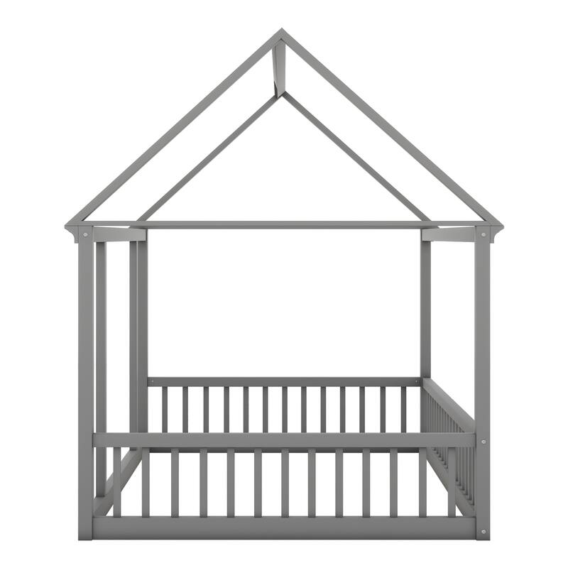 Twin/Full Size Floor Bed with Wooden House Roof Frame and Safety Guardrails for Children's Bedrooms, Small Space