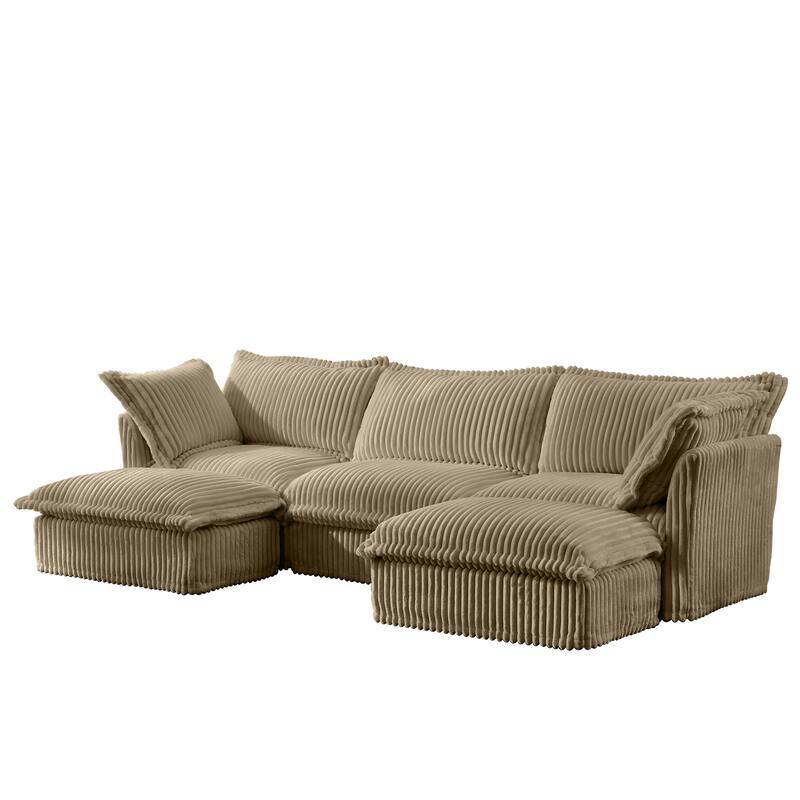120" Corduroy U-Shape 3-Seater Sectional Sofa with Removable Slipcover, French Edge Design and Cloud-Like Cushions