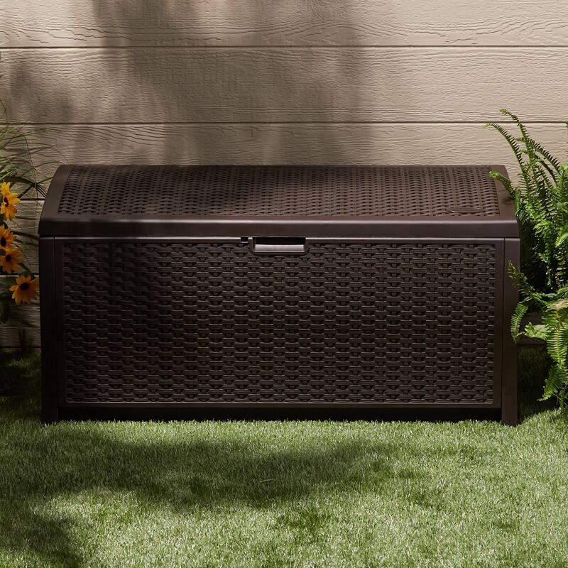 Suncast DBW7300 73 Gallon Resin Wicker Outdoor Patio Storage Deck Box, Mocha