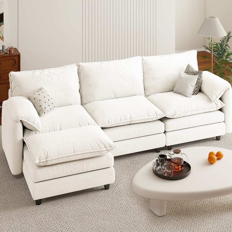 Modern Velvet L Shaped Couch 108" Modular Sectional Sofa with Movable Ottoman - Beige