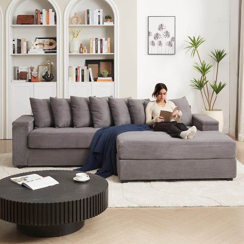 GDFStudio - Peregrine L-Shaped Corduroy Sectional Sofa with Pillows and Armrest Storage - Grey