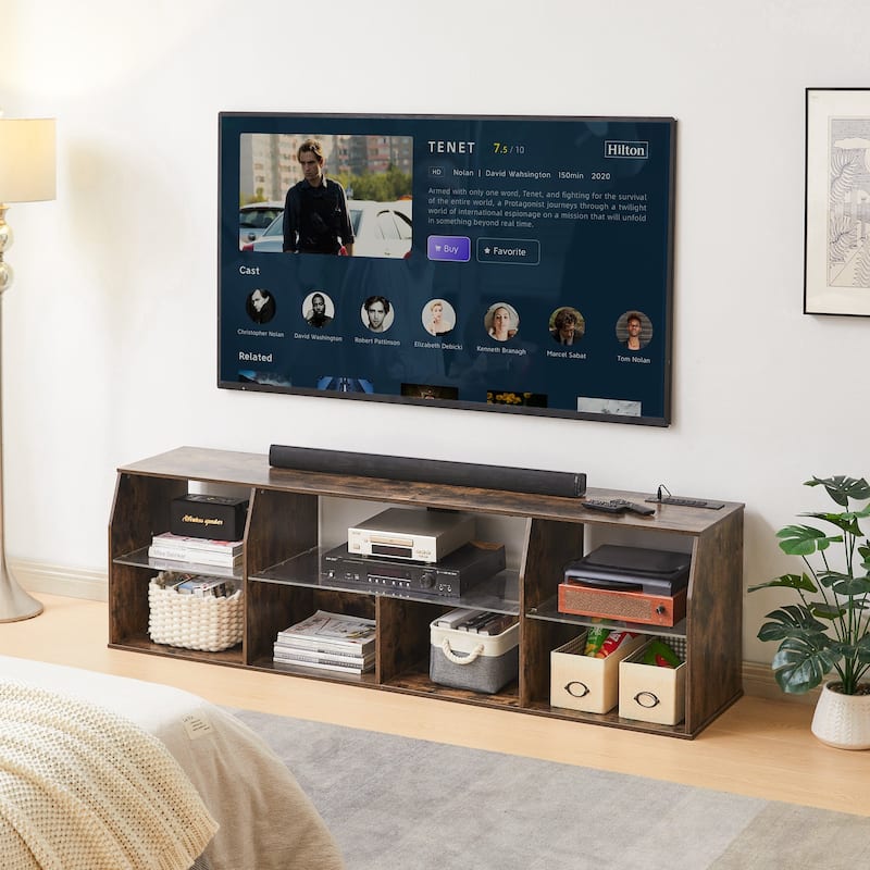 VECELO TV Stand with LED Light, Industrial Entertainment Center with 7 Open Storage