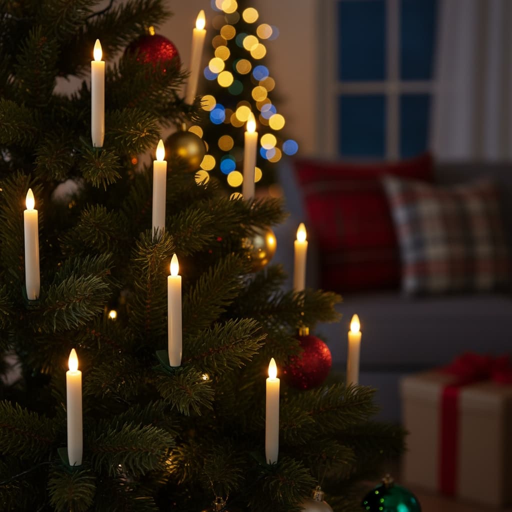 Set of Ten Beige Flameless Clip-On Christmas Taper Candles