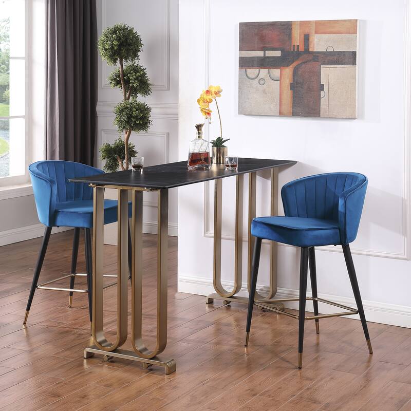 2pcs Velvet Upholstered Counter Height Stool with Deep Channel Tufting and Gold Tipped, Black Metal Legs - N/A