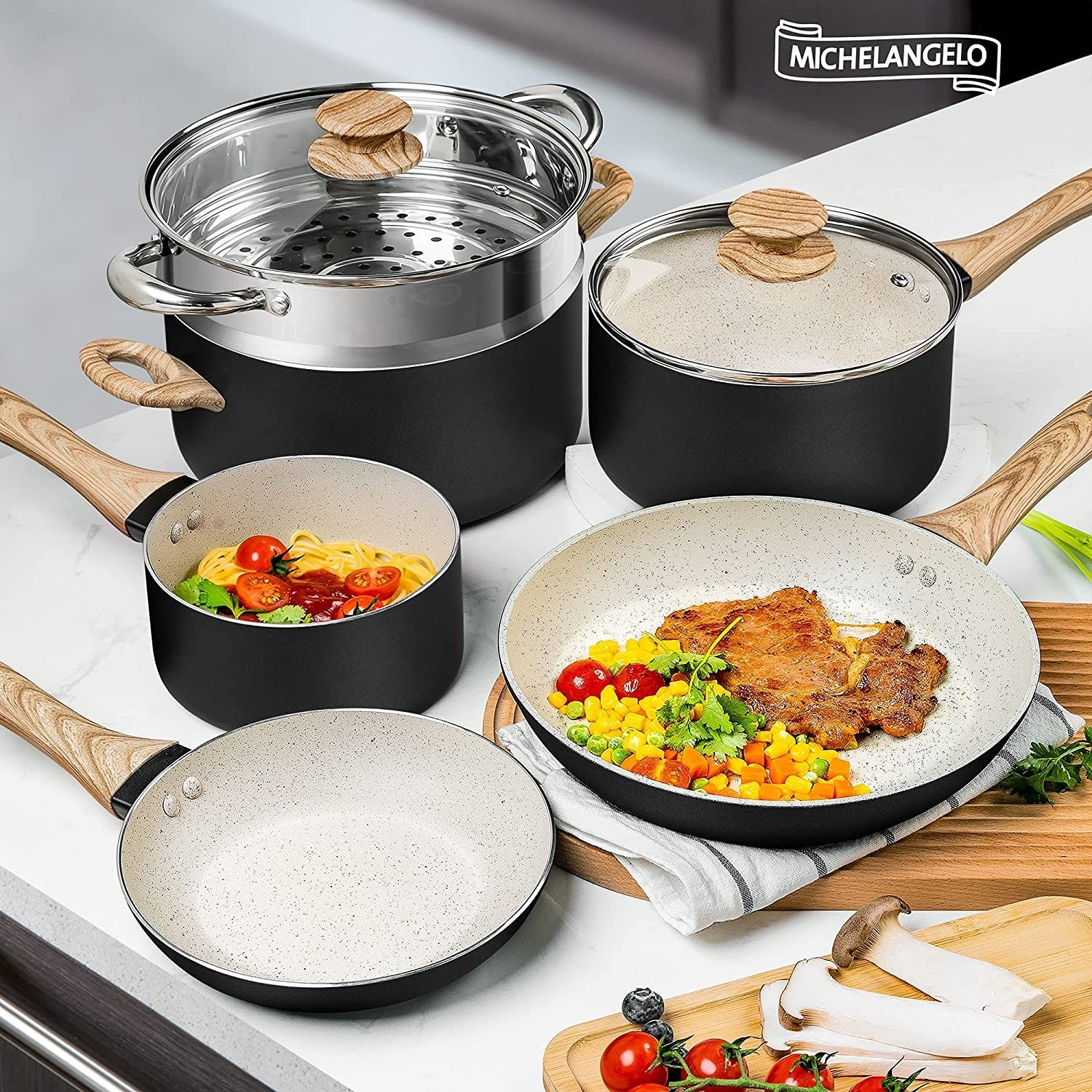 MICHELANGELO Pots and Pans Set Nonstick, Granite Cookware Set 12 Pcs Non  Toxic Cookware Set Induction Compatible, Black Granite Pots and Pans Set  with