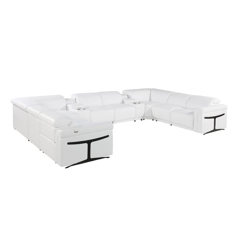 HomeRoots White Italian Leather Power Reclining U Shaped Ten Piece Corner Sectional With Console