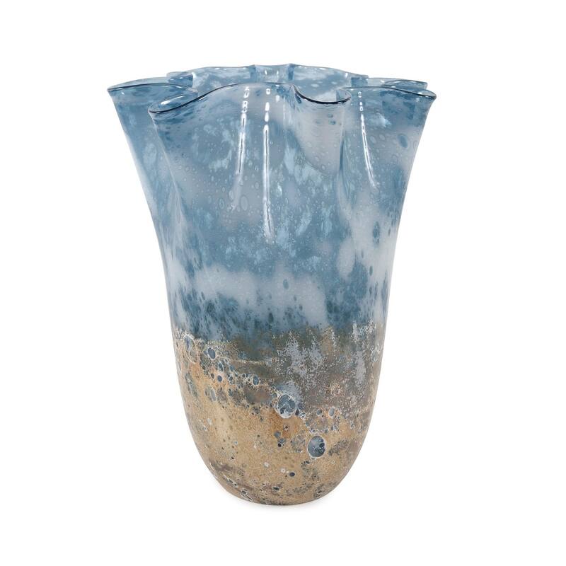 Allan Andrews Handmade Blue & Beige Seaside Decorative Ruffled Glass Vase