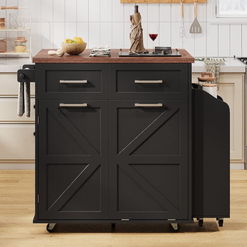47.2" Farmhouse Kitchen Island with Drop Leaf,Removable Side Racks and Two Drawers