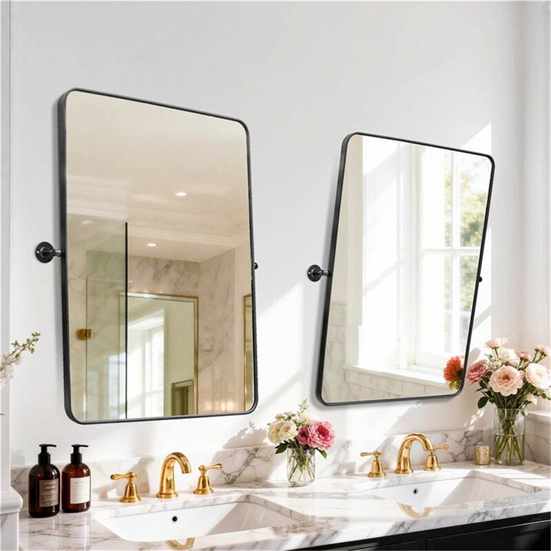 Matte Black Pivot Mirror for BathroomTilt Rounded Rectangle Vanity