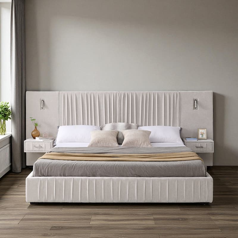 King Upholstered Platform Bed with Pleated Chenille Headboard, Built-in Bedside Table & Adjustable Lamps, No Box Spring - Beige - King