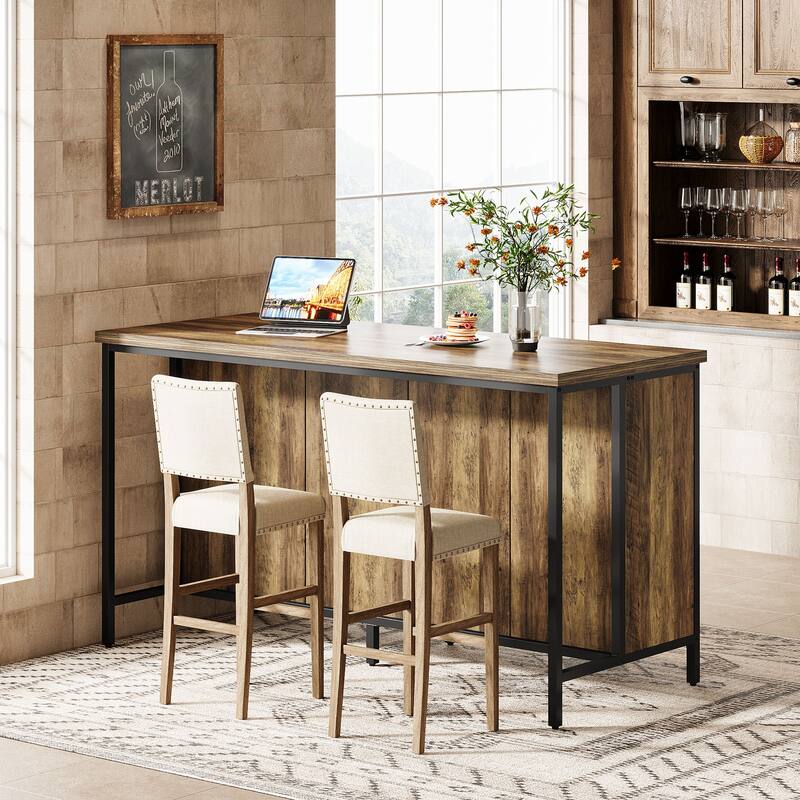 63" Industrial Kitchen Island with Seating, Storage & Cabinet - N/A
