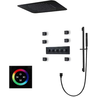 DeerCreek 23" Shower System- LED Music Railfall Waterfall Thermostatic Faucet Slide Bar Jets - MB 1 - Matte Black