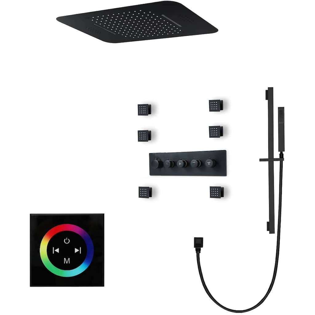DeerCreek 23" Shower System- LED Music Railfall Waterfall Thermostatic Faucet Slide Bar Jets - MB 1 - Matte Black