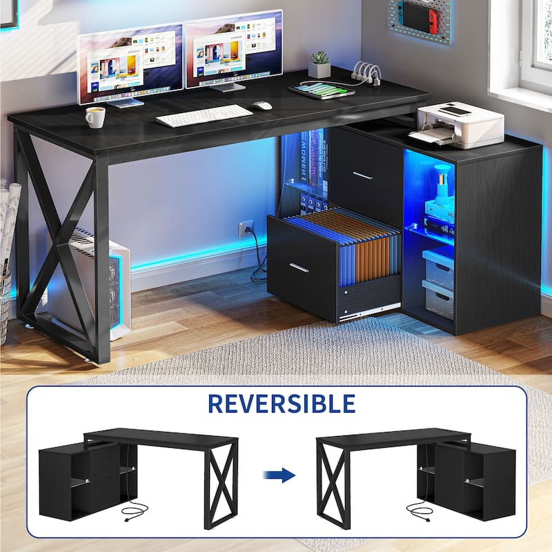 55 Inch L-shaped Gaming Desk with Power Outlets and LED Lights Computer Corner Desk with File Cabinet Monitor Stand