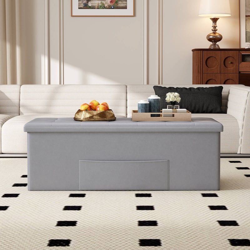 Costway 43 Inches Folding Storage Ottoman Bench with Side Pocket