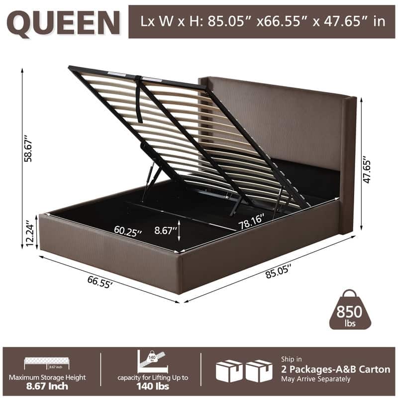 Lift Up Storage Platform Bed with Minimalist Headboard - Brown - Queen