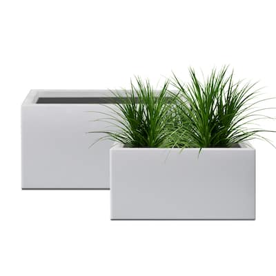 Kante 32", 24" Long Rectangular Lightweight Pure White Concrete Metal Planter Pots (Set of 2)