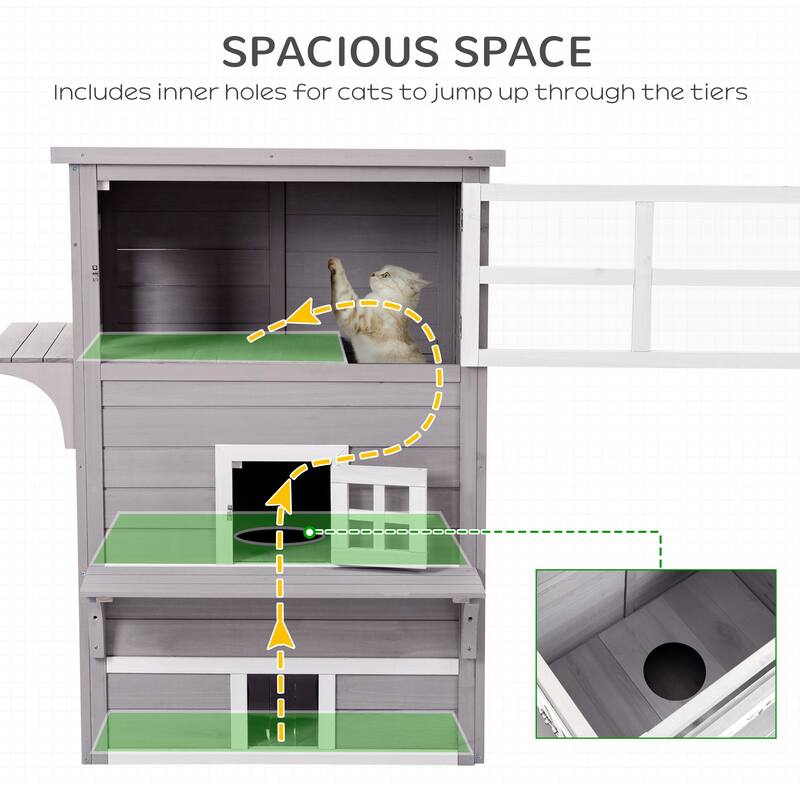 PawHut 3-Story Cat House Feral Cat Shelter, Outdoor Kitten Condo - Grey