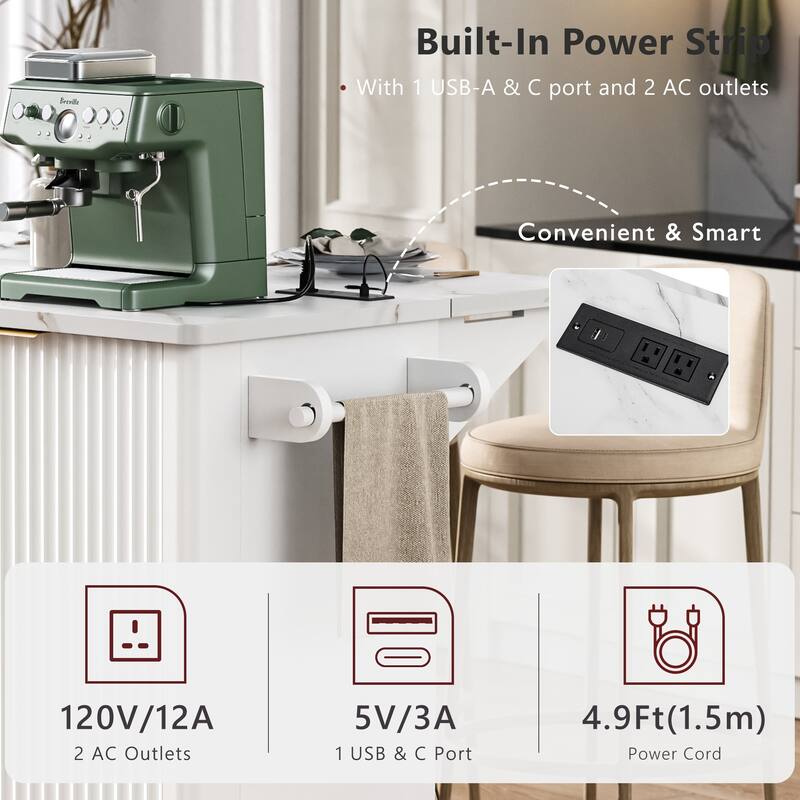 55.5" Storage Power Outlet Kitchen Island with Drop Leaf and 3 Drawers