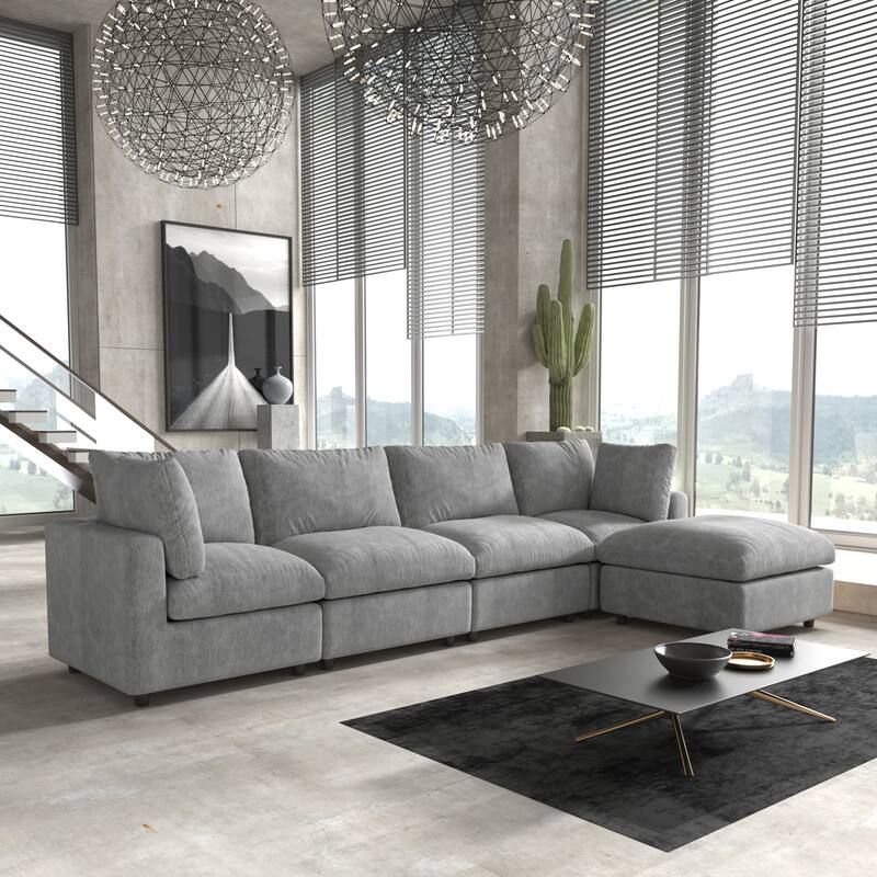 Minimalist Upholstered Cushion Sofa 4-Seater Chenille Modular Sectional Couch with Ottoman