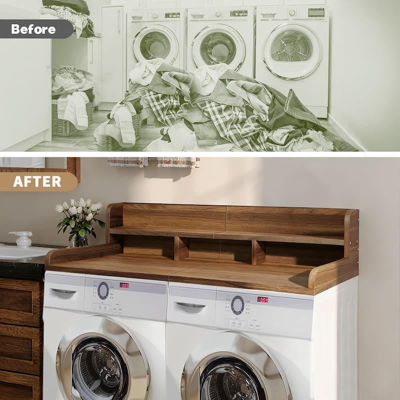 Washer Dryer Countertop with Non-slip Pads, Laundry Wood Shelf Topper with Edge, for Washer and Dryer Laundry Hamper Counter