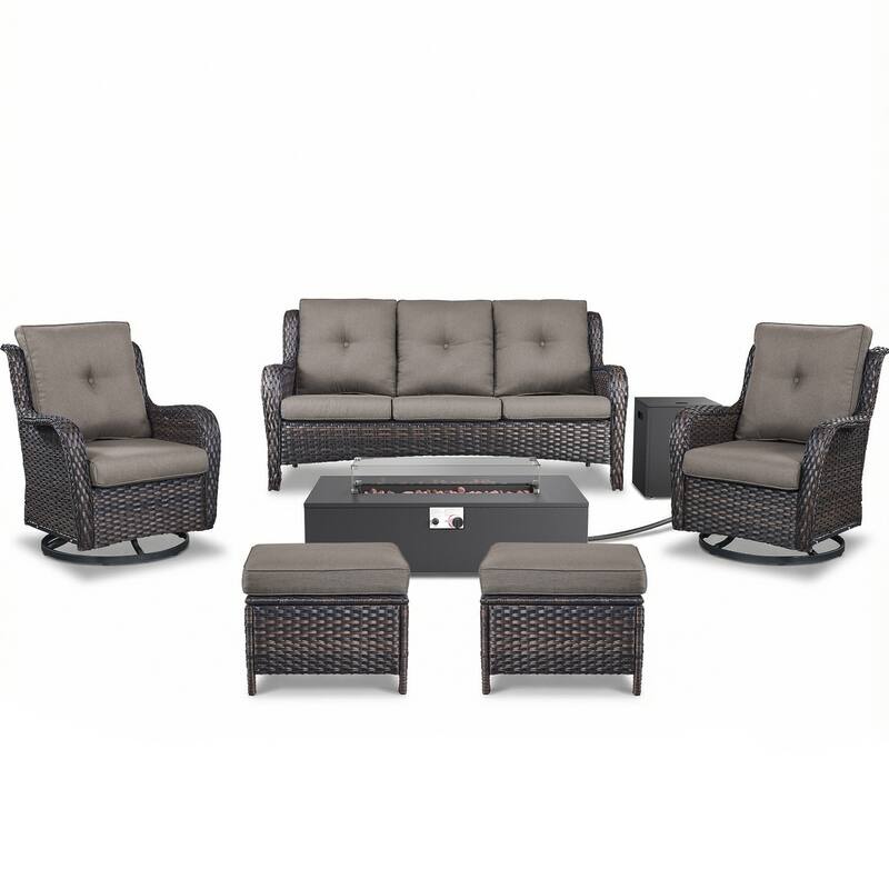 Pocassy Outdoor 7 Pieces Sofa Swivel Chair Ottoman with Fire Table