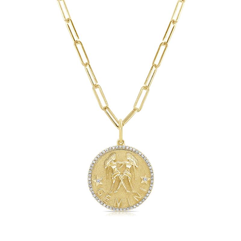 Zodiac Diamond Sign Necklace 14k Gold - Coin Pendant - Yellow Gold Diamond Necklace for Her - Women's Neckace