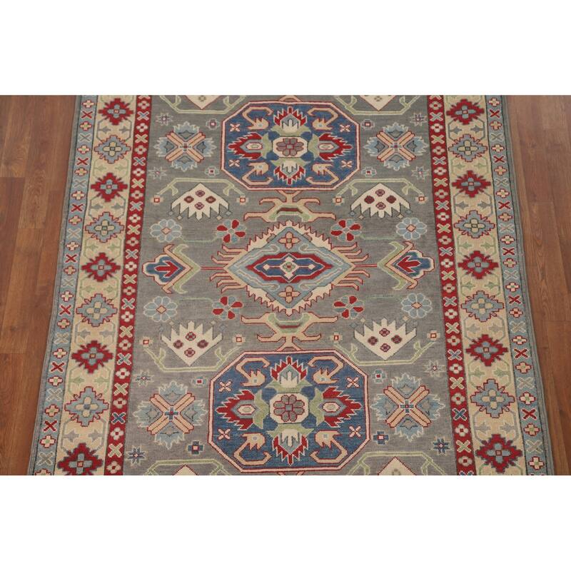 Gray Geometric Kazak Area Rug Handmade Oriental Wool Carpet - 4'11" x 7'0"
