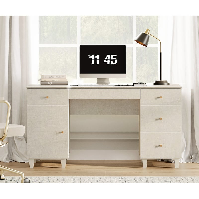 WAMPAT 58" Executive Desk with 5 Drawers & 1 Storage Cabinet - Beige