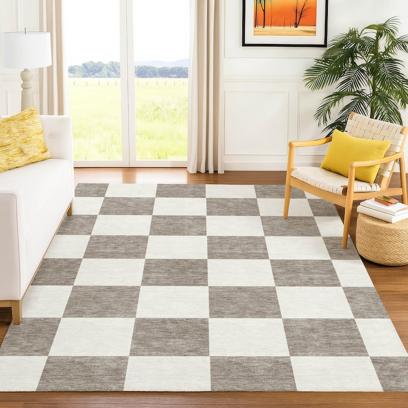 Machine Washable Indoor/ Outdoor Modern Checker Chantille Rug
