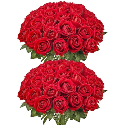 Red Velvet Artificial Roses 60 Stems with Flexible Wire, Realistic 5-Layer Bloom - 3.9 x 3.9 x 20.1 inch