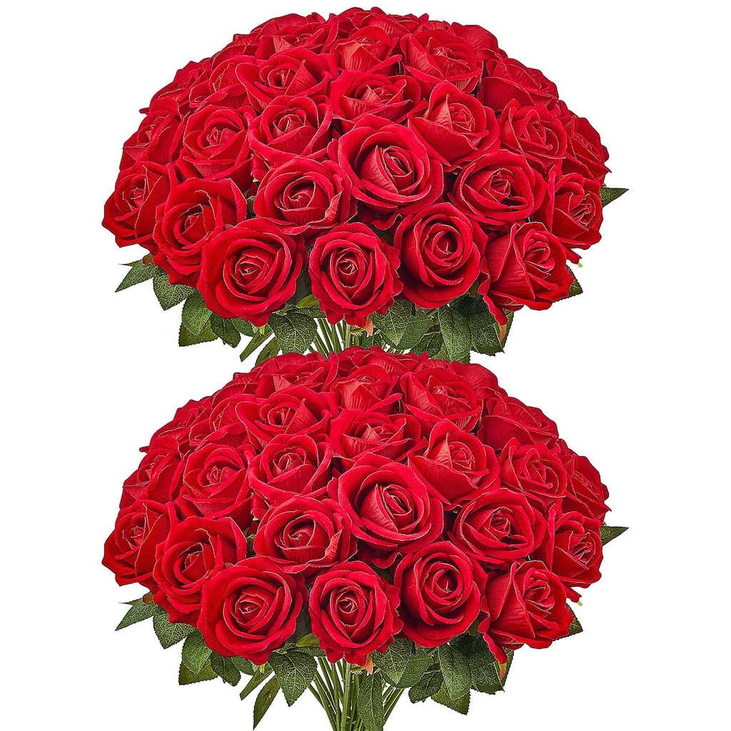 Red Velvet Artificial Roses 60 Stems with Flexible Wire, Realistic 5-Layer Bloom - 3.9 x 3.9 x 20.1 inch