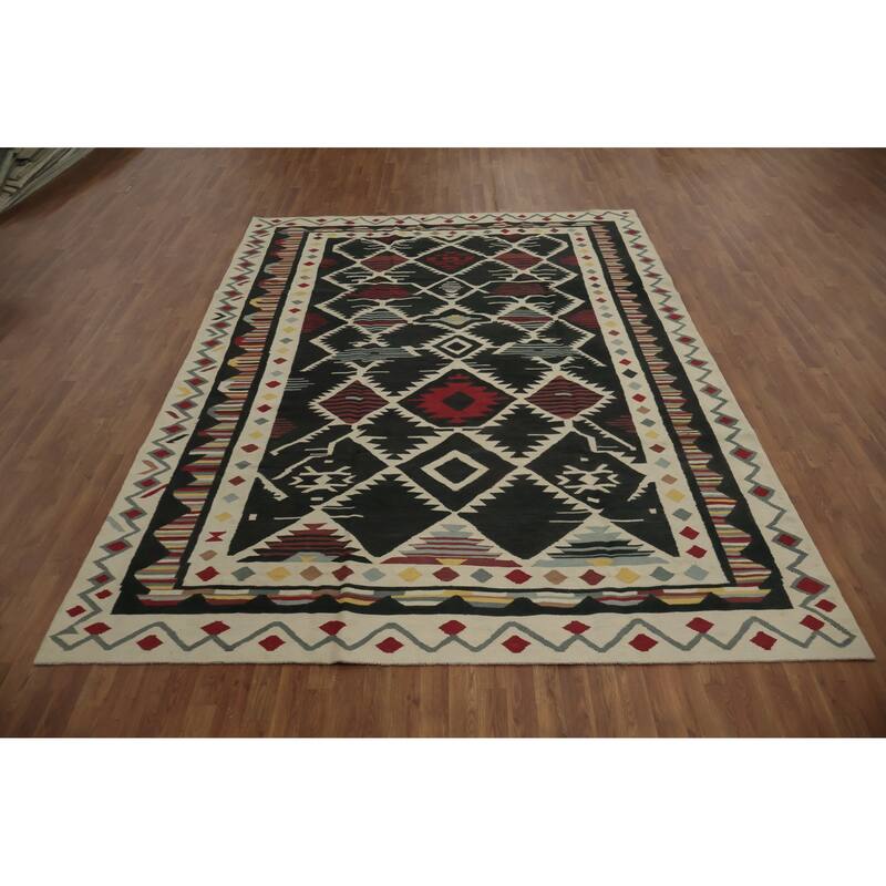 Hand Woven Oriental 100% Wool Carpet Southwestern Tribal Black Kilim Area Rug - 11' 6'' X 8' 4''