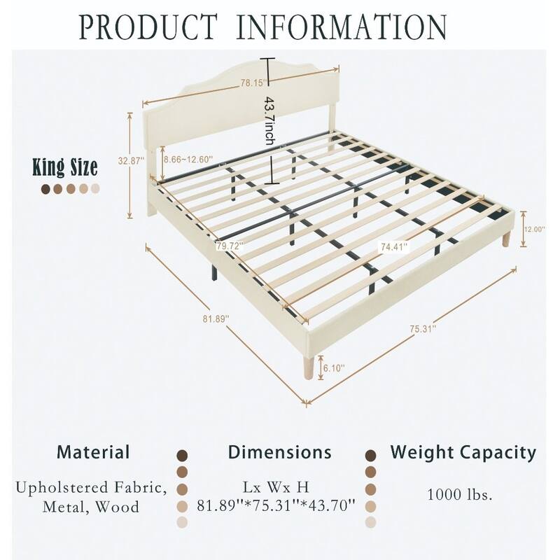 Modern Queen/King Size Platform Bed Frame with Adjustable Linen Headboard, Wood Slats, 1000lbs Support, Beige