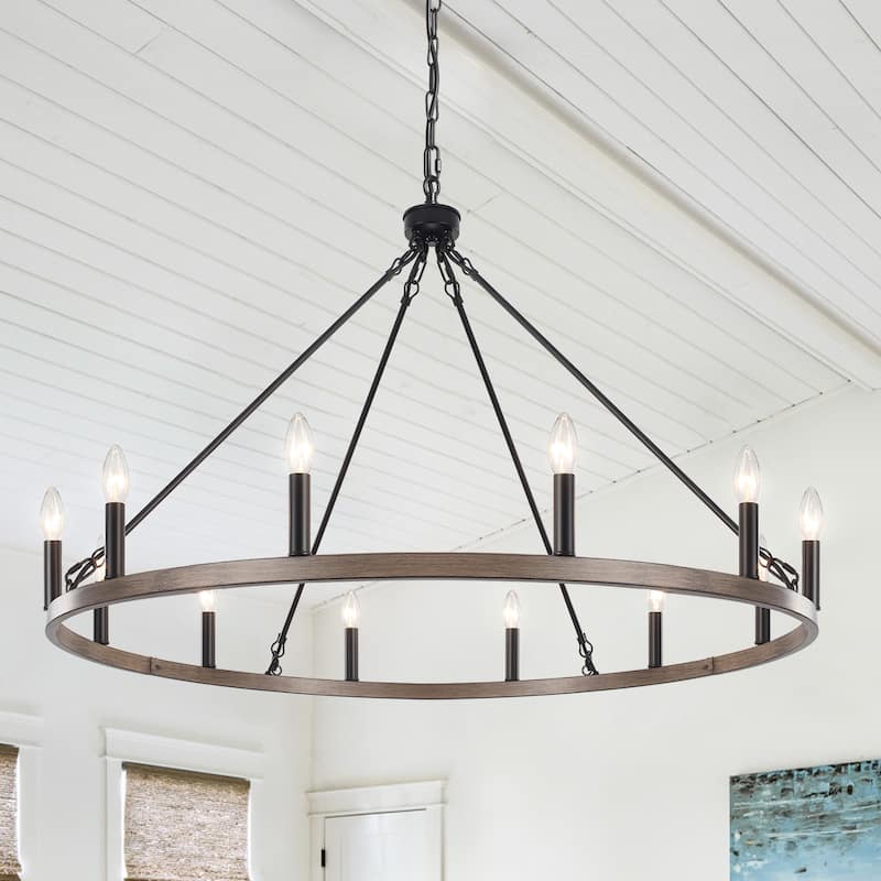 12-Light 37.99 in. Rustic Wagon Wheel Chandelier for Bedroom Kitchen - Black+Brown