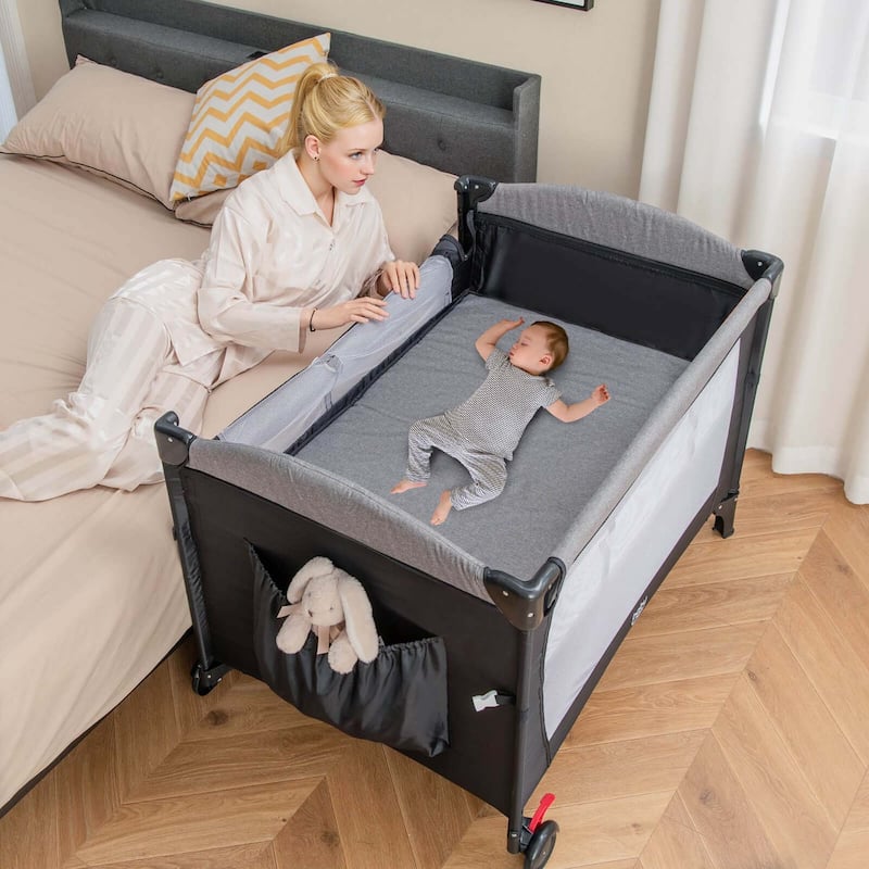 Honeyjoy 5-in-1 Baby Crib with Adjustable Height Soft Mattress - See Details
