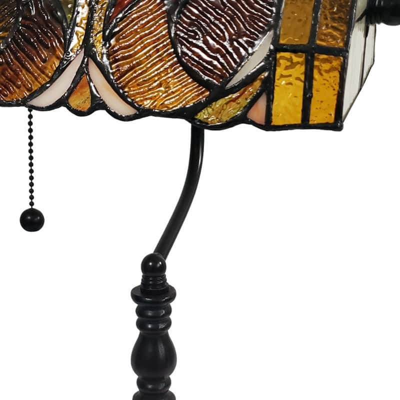 Dark Brown Resin Table Lamp with Gold Dome-Stained Glass Shade Pull Chain - 11” x 13” x 19” (D x W x H)