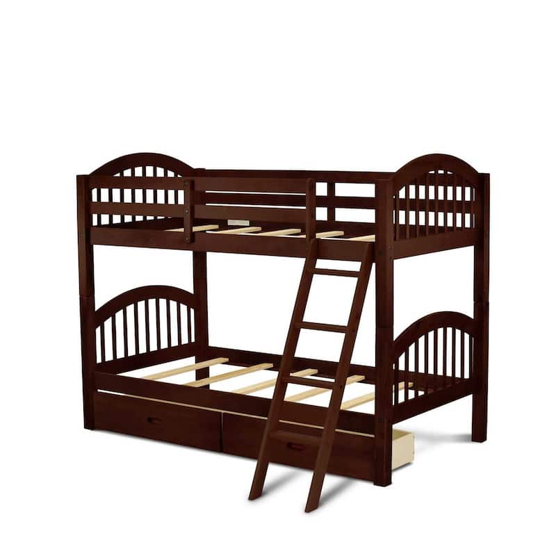 Twin Bunk Beds With Drawers & Ladder - Space Saving Wood Bunk Bed Frame - Java Finish