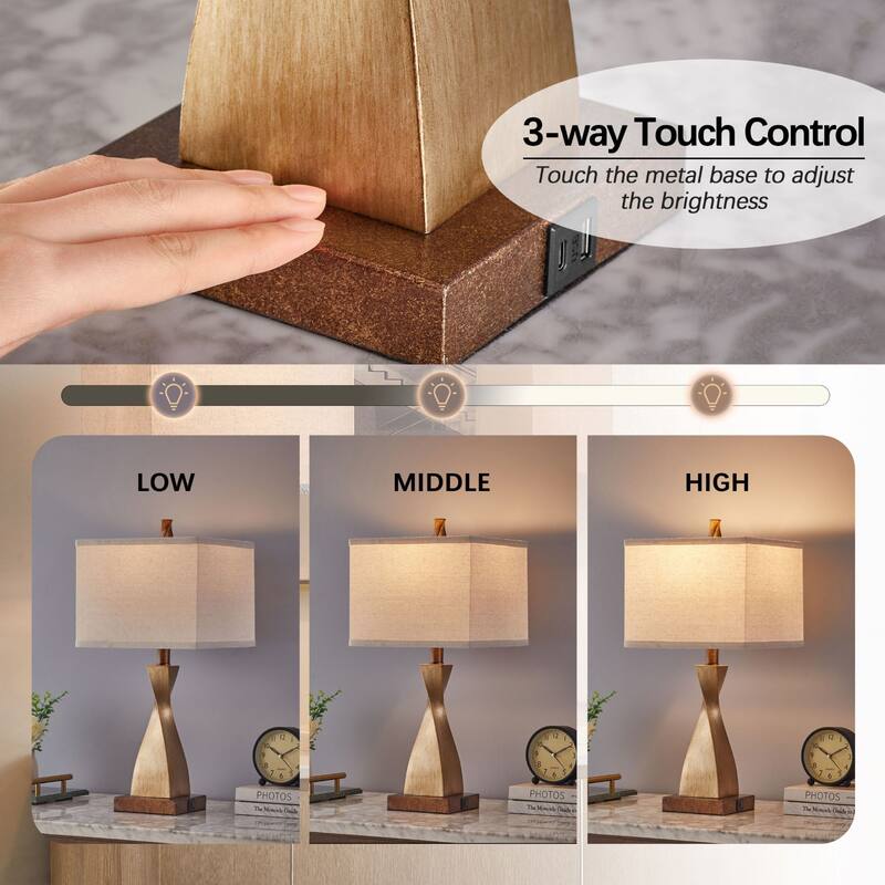 KAWOTI 22inch Table Lamp Set with USB Ports, AC Outlet, Bulb(Set of 2) - W10" * H22"