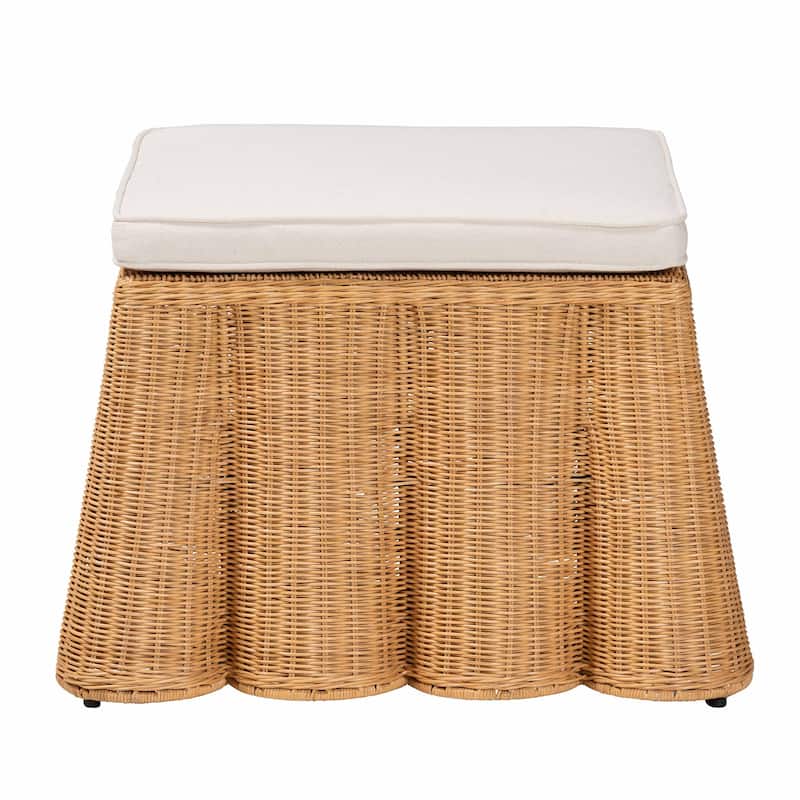 Palm Scallop Natural Rattan Ottoman with Cushion – Handwoven Wicker Accent Bench or Footrest for Living Room or Sunroom, Square